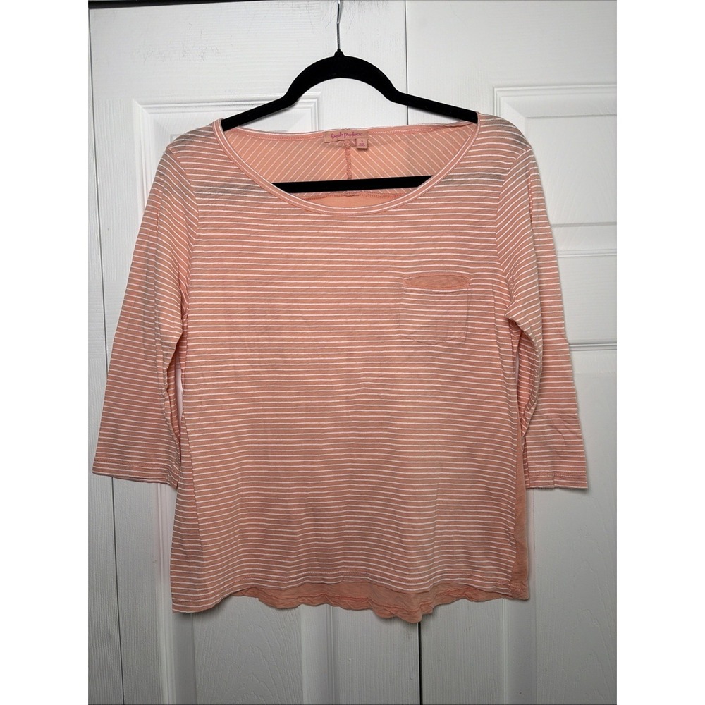 Fresh Produce Striped Pocket Tee Womens Size S Peach Orange Cotton Slub Top USA
